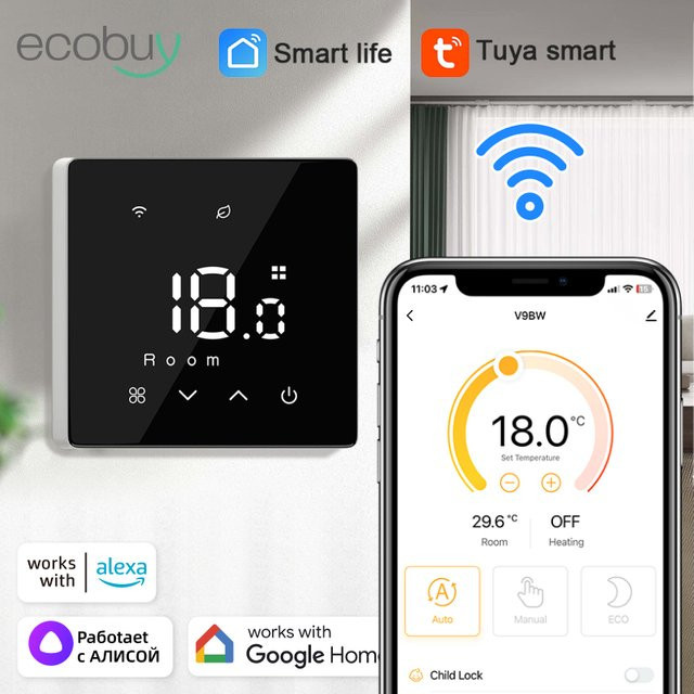 Tuya Smart Wifi Wandthermostat mit App-Steuerung und Smart Home Integration für Alexa und Google Home, ecobuy well, Weiß oder Schwarz - Bild 1