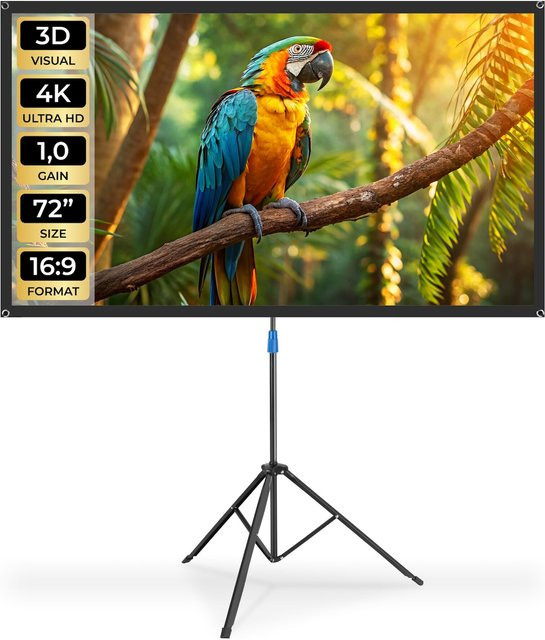 tectake Beamer-Leinwand mit Stativ, 72 Zoll, Format 16:9, Weiß, für 4K, HD, Ultra HD und Full HD, Gain-Faktor 1,0 - Bild 1