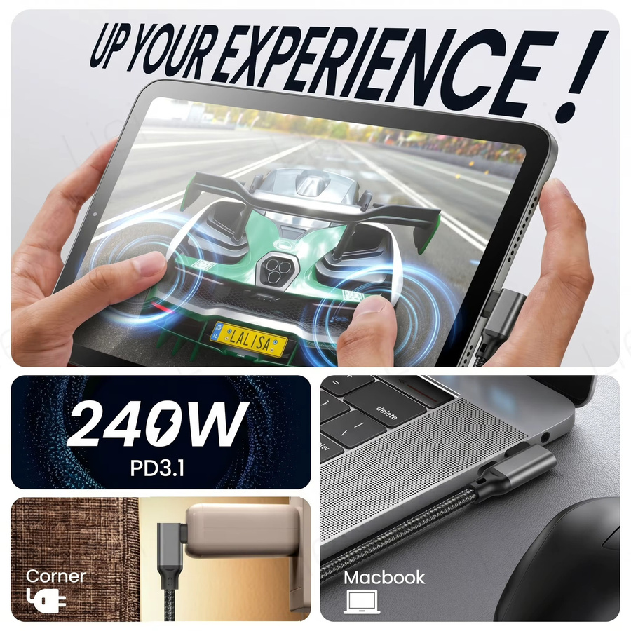 LIEI USB Typ-C Datenkabel mit 90 Grad L-Form, USB 3.2 Gen2x2, 20Gbps Datenübertragung und 240W PD-Ladung für 5K/4K Monitore - Bild 3