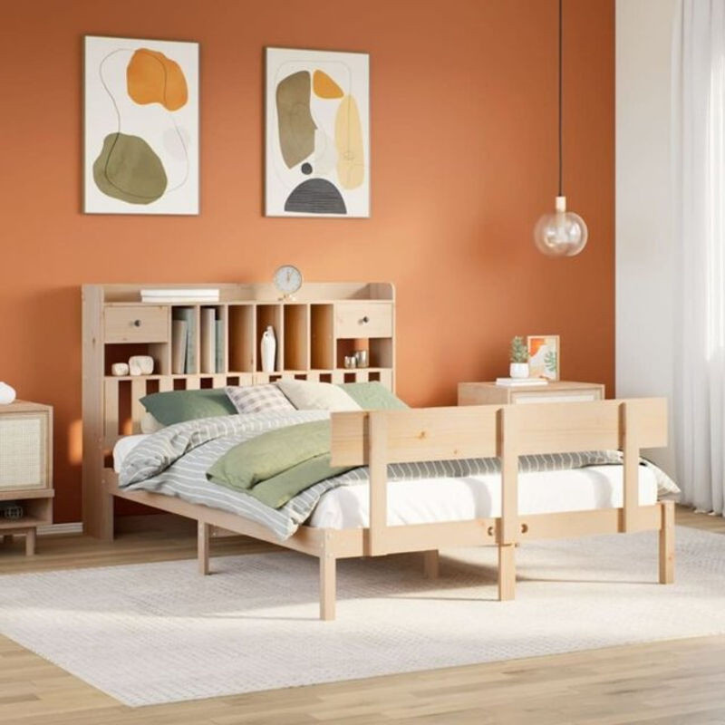 Massivholzbett Vidaxl aus Kiefer mit Regal in Natur und Braun, Landhaus und Skandinavisch Stil, B/T/H: 140 x 190 x 110 cm - Bild 1