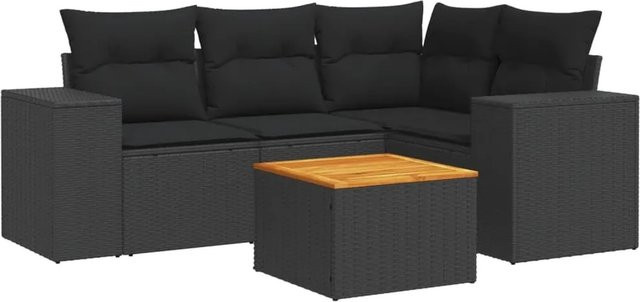 vidaXL 5-teilige Garten-Sofagarnitur mit Kissen aus Poly-Rattan und Akazienholz in Schwarz - Bild 1