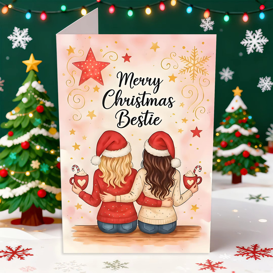 Weihnachtskarte für BFFs und Schwestern mit Zuckerstangen-Design und Sternenhimmel in Roségold und Braun inklusive Umschlag - Bild 2