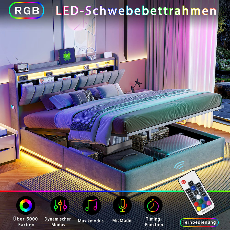 Simurq Polsterbett mit LED und Stauraum aus Samt, B/T: 140 x 200 cm, Grau - Bild 4