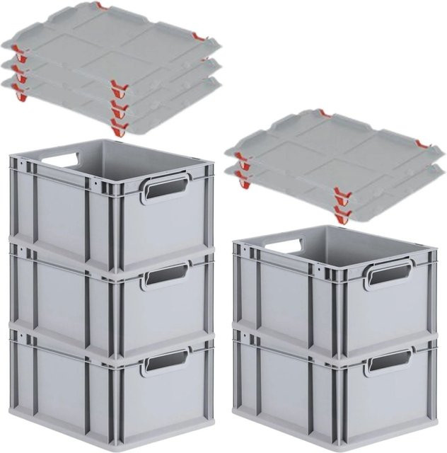 PROREGAL SparSet 5x Eurobox NextGen Grip mit Auflagedeckel und roten Schiebeschnappverschlüssen, Grau, H x B x T: 22 x 30 x 40 cm, 20 Liter - Bild 1