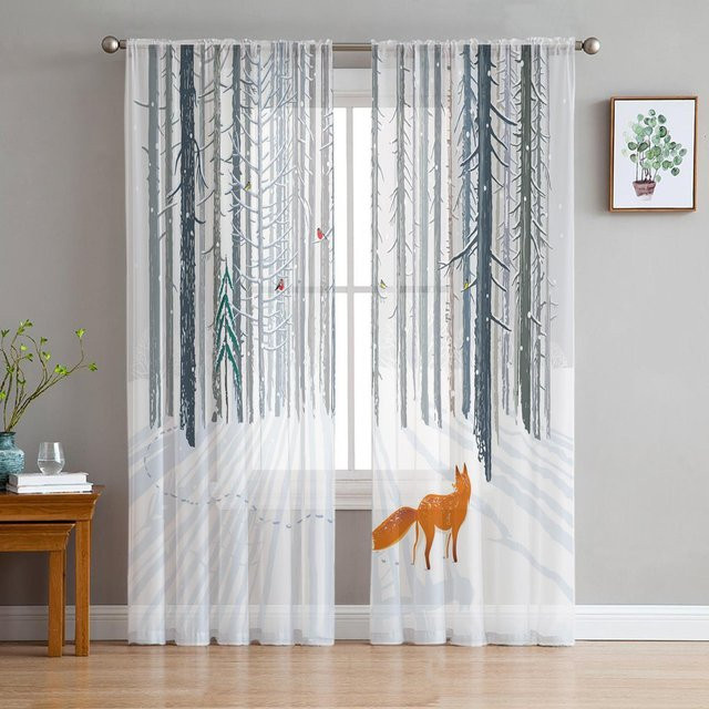 Transparente Tüll Vorhänge mit Wald- und Tier-Motiv in Grau, Breite: 135 cm, Höhe: 115 cm - Bild 1