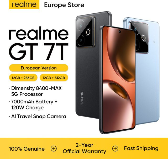 realme GT 7T 5G Smartphone Schwarz mit Dimensity 8400-MAX Chipsatz, 6,8 Zoll AMOLED Display, 512 GB Speicher, 7000mAh Akku und 50MP Sony IMX896 Kamera - Bild 1