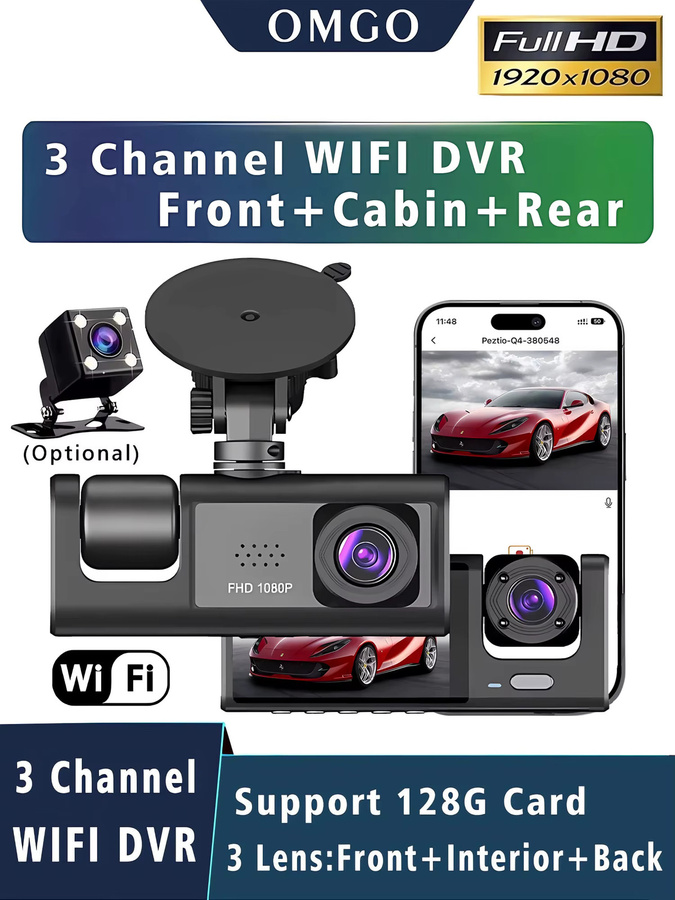 OMGO 3-Kanal WLAN Auto-DVR Dashcam in Schwarz mit HD 1080P Innenraum-Fahrzeugkamera - Bild 7