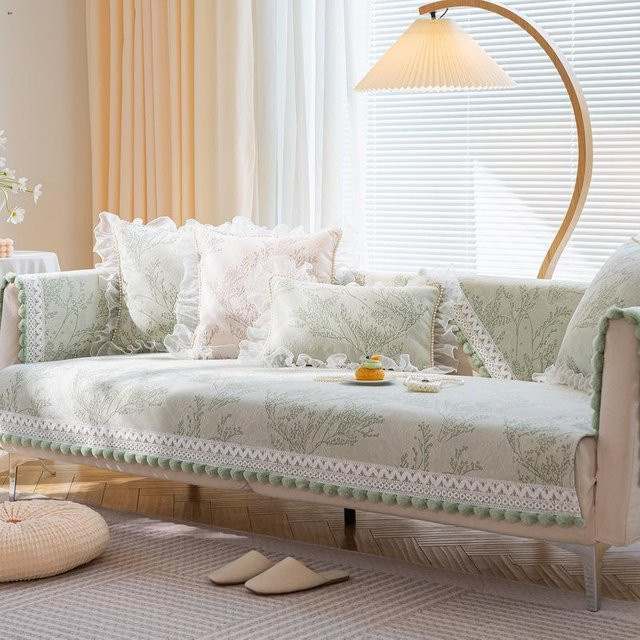 Luxuriöser Chenille-Sofa-Schutzbezug mit Spitzenrand in Grün, rutschfester Sektionalsofa-Abdeckung im Retro-Design, Breite: 70 cm, Breite: 70 cm - Bild 1