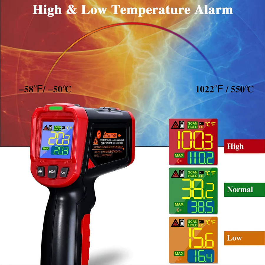 UYIGAO Infrarot-Thermometer Laser-Temperaturpistole mit Hintergrundbeleuchtung und einstellbarem Emissionsgrad in Schwarz - Bild 3