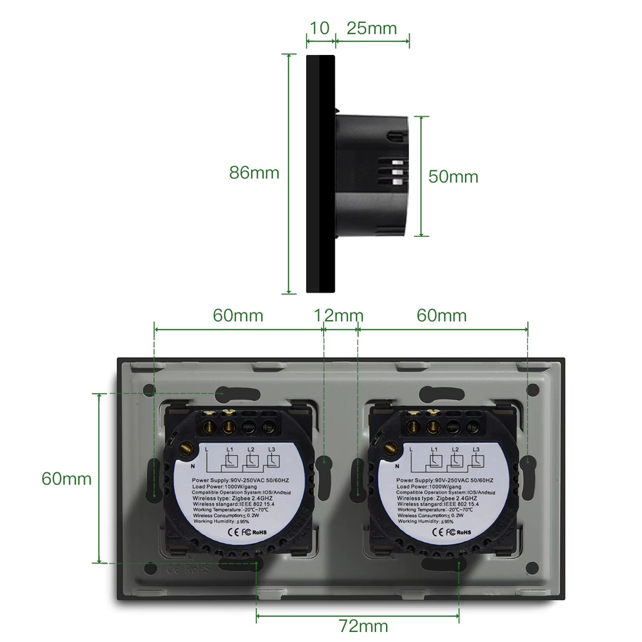 BSEED Zigbee Smart Switch Doppel 1/2/3 Gang/Way Drahtloser Lichtschalter in Grau mit Tuya App- und Sprachsteuerung für Alexa und Google Home - Bild 4
