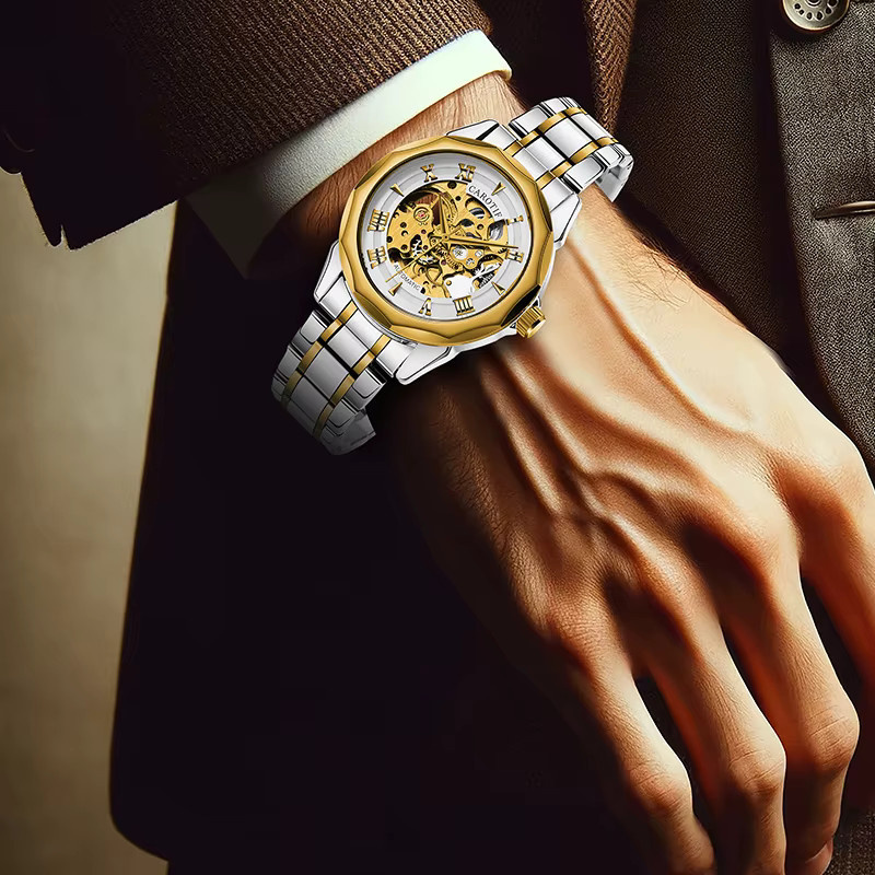 CAROTIF Armbanduhr, Silber und Gold, zweifarbiges Metallarmband, Herren - Bild 6