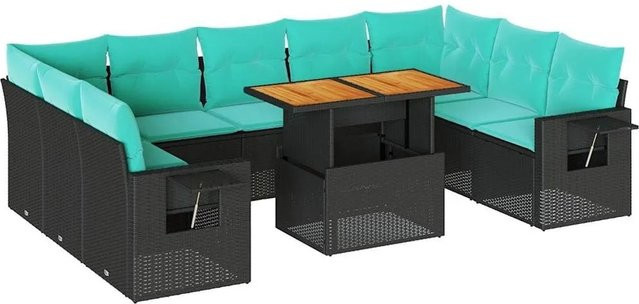 vidaXL 10-teilige Garten-Sofagarnitur in L-Form aus Poly-Rattan und Akazienholz mit Kissen in Schwarz - Bild 1