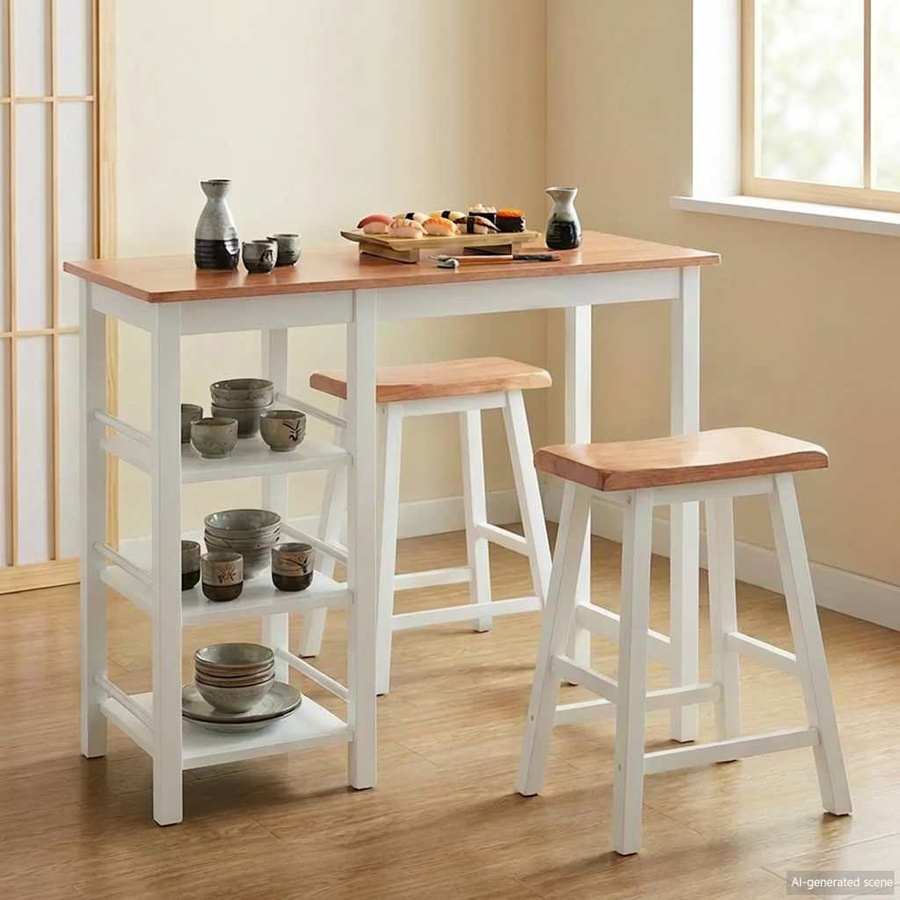 vidaXL Bar-Set aus 3 Teilen aus MDF und Gummibaumholz in Weiß und Braun - Bild 2