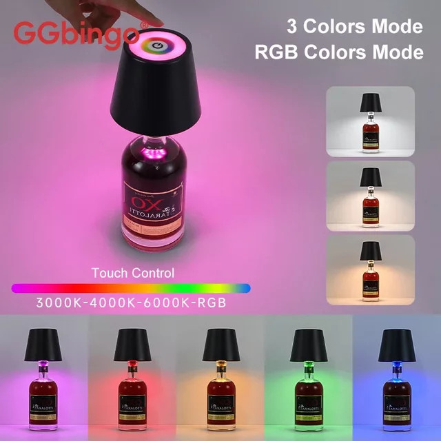 GGbingo Kabellose LED Tischlampe für Weinflaschen in Schwarz mit Touchbedienung und RGB-Farbeffekt, dimmbar und wiederaufladbar, ideal für Außenbereiche, Restaurants und Bars - Bild 1