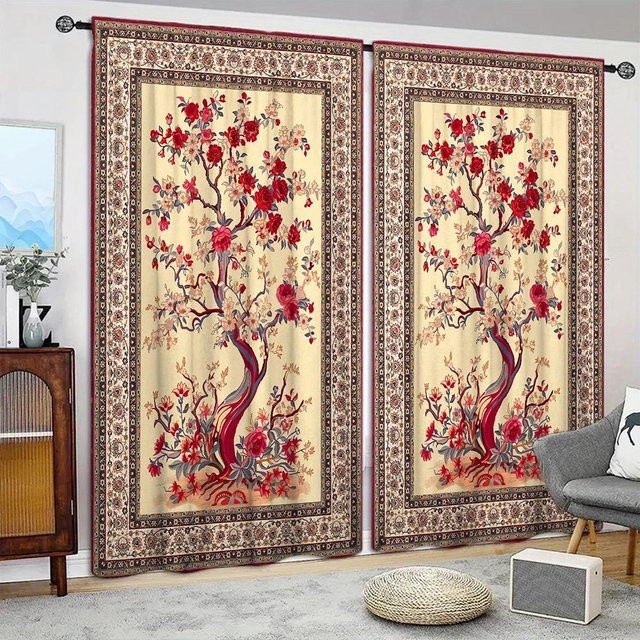 2er-Set Persische Kunst Baum Vorhänge von Household supplies MH, halbtransparentes Design mit floralem Muster, B: 107 cm, H: 213 cm - Bild 1