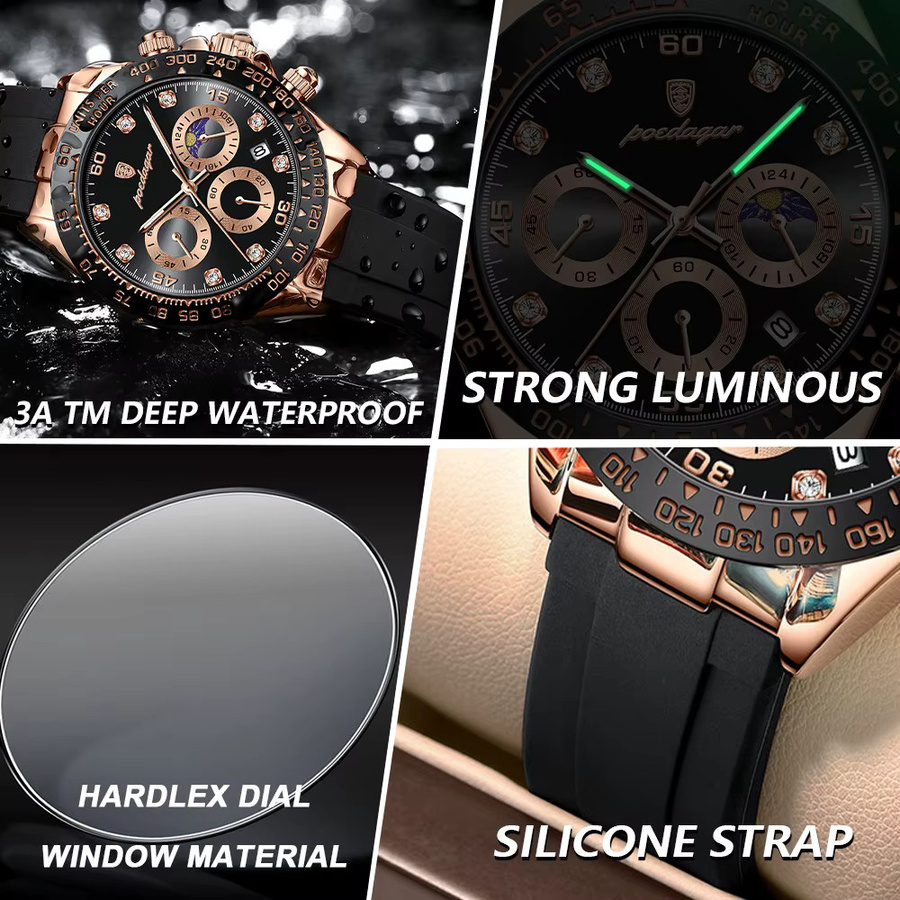 POEDAGAR Chronograph, Quarz, Silber, Silikon, Herren - Bild 4
