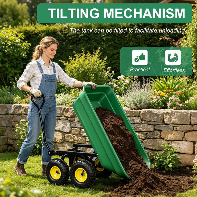 HGTUGO Gartenwagen in Grün mit 55L Volumen, kippbarem Aufbau, verstellbarem Griff und 4 Reifen - Bild 1