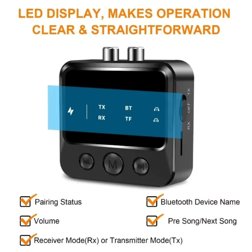 VIKEFON Bluetooth 2-in-1 HiFi Audio Sender und Empfänger in Schwarz mit Dual-Pairing, TF-Karten-Unterstützung sowie RCA- und AUX-Anschluss als kabelloser Adapter für Stereo-Lautsprecher und TV - Bild 5