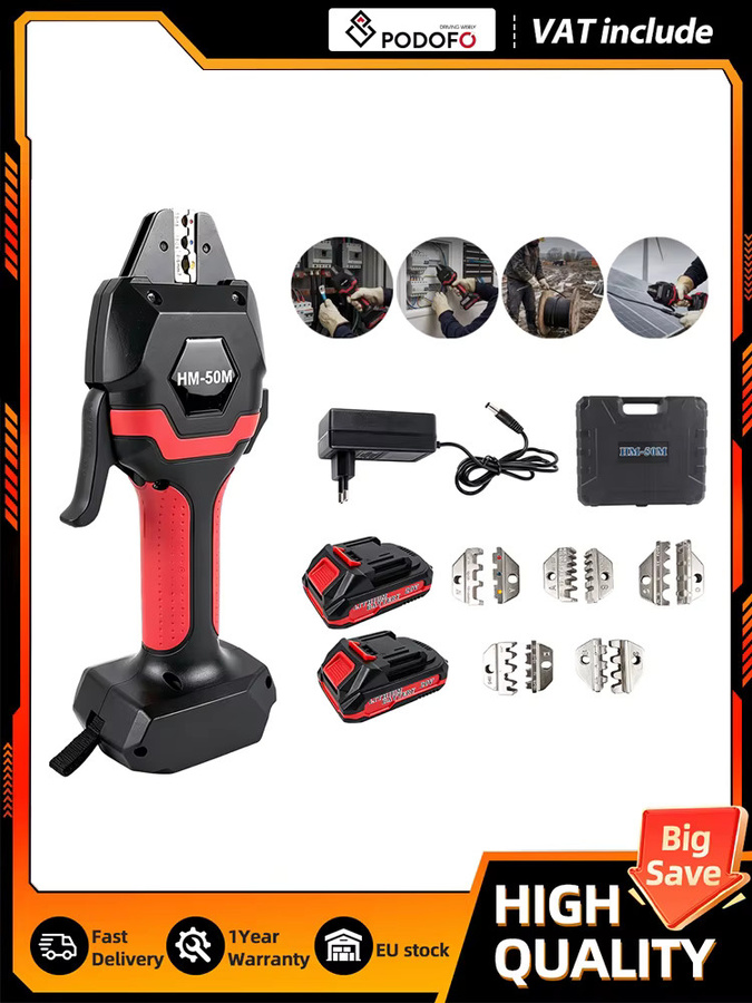 Podofo HM-50M Kabellose Lithium-Ionen-Kaltpresszange, elektrischer hydraulischer Terminal-Crimper in Schwarz - Bild 9
