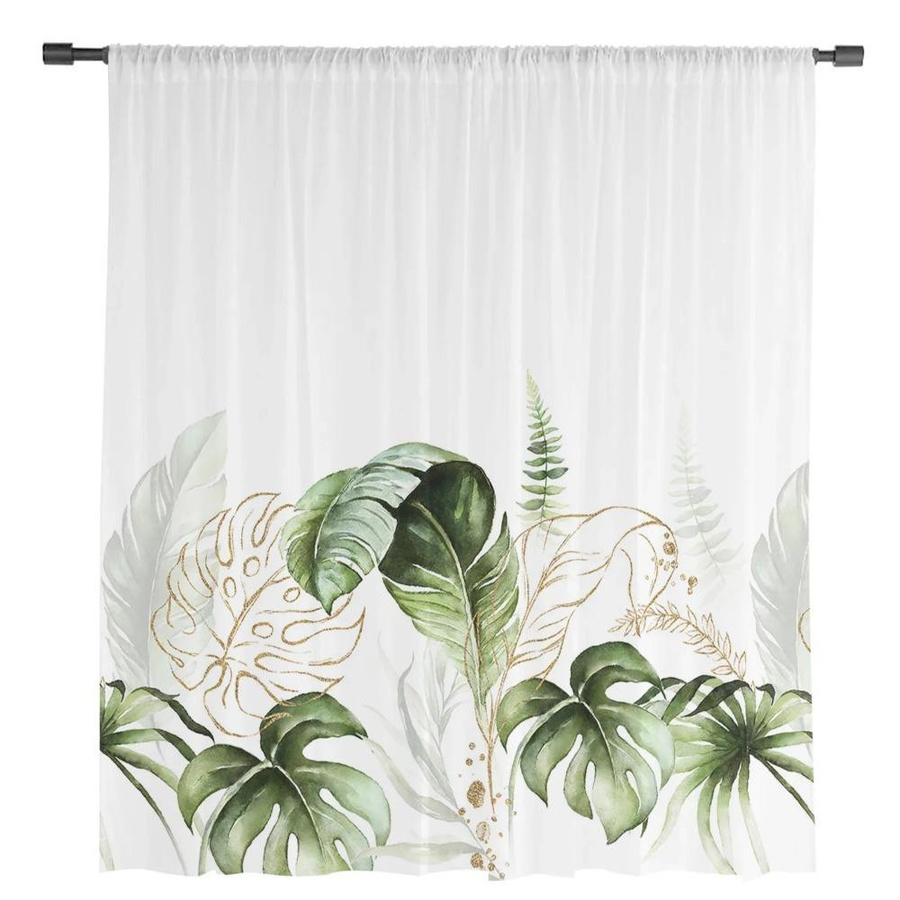 Yiran Furniture Transparente Tüll Vorhänge mit Aquarell Palme und grünen Blättern, Set aus 2 Stück, Organza Voile, Farbe: Grün/Weiß, Breite: 135 cm, Höhe: 215 cm - Bild 3