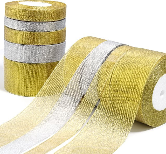 Glitzer-Satinband für Hochzeitsdekorationen und DIY-Projekte in Gold und Silber, 25 Yards, Breite: 6-50 mm - Bild 1
