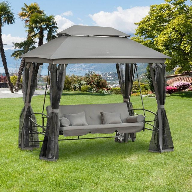Outsunny Hollywoodschaukel grau aus pulverbeschichtetem Stahl mit Sonnen canopy und Kissen, wandelbar zum Bett, B/H/L: 172 x 248 x 256 cm - Bild 1