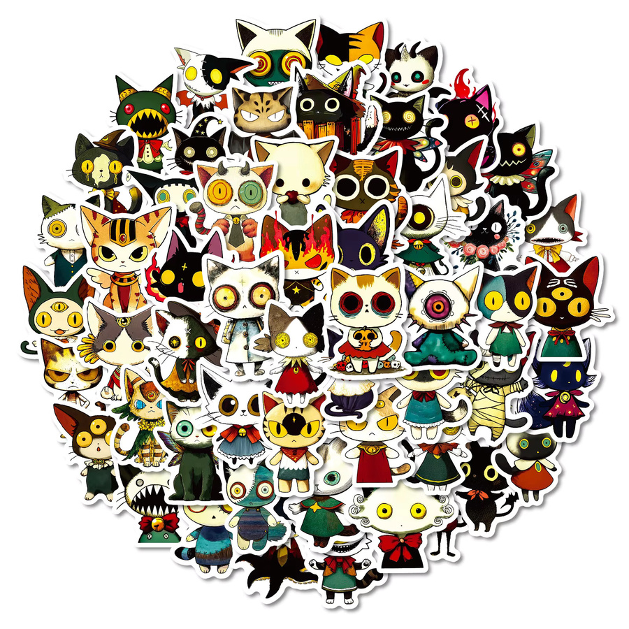 Set mit 56 oder 112 Katzen-Illustrationsaufklebern im Retro-Cartoon-Doodle-Stil, mehrfarbig, ideal für Notebook, Tablet und Skateboard - Bild 7