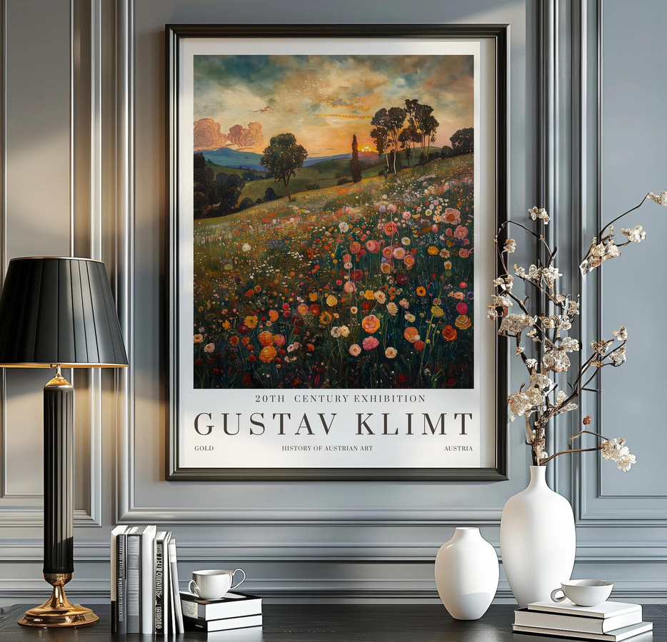 Leibert Art Decoration Painting Vintage Gustav Klimt Blumengarten Wandbild auf Leinwand mit Fuchs, Mond und Dorf, Multicolor, Breite: 50 cm, Höhe: 80 cm - Bild 2