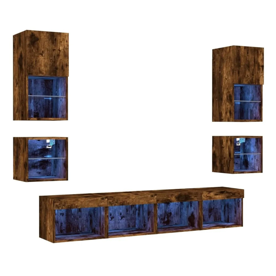 vidaXL 8-teilige moderne Wohnwand mit LED-Beleuchtung in Räuchereiche, Wandmontage mit Glastüren aus Holzwerkstoff und Glas, Farbe: Braun - Bild 2