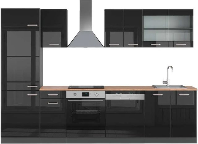 Vicco R-Line Küchenzeile Schwarz Hochglanz und Anthrazit mit Eiche Optik, Breite: 300 cm - Bild 1