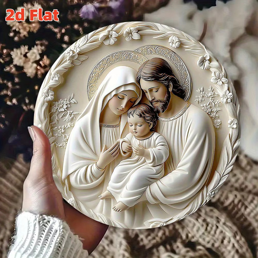 Potdemiel Wandkunst Heilige Familie – Runde Metallplakette aus Aluminium mit floralem Relief-Design, Durchmesser: 19,81 cm - Bild 4
