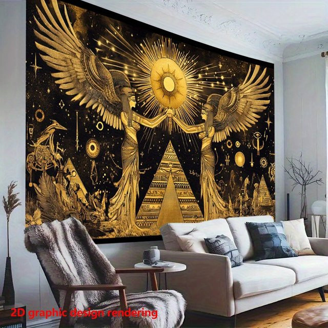 VIKAMA Wandteppich mit ägyptischer Göttin in Schwarz und Gold, Retro-Design mit Pyramide und Sonnengott-Motiv - Bild 1