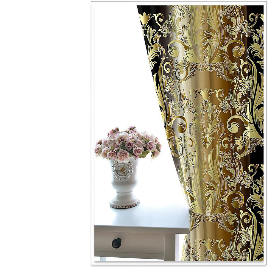2er-Set Goldene Blumenvorhänge im Boho-Stil, Semi-transparent mit Blumen- und Blättermuster, Farbe: Gold und Gelb, B: 150 cm, H: 166 cm - Bild 2