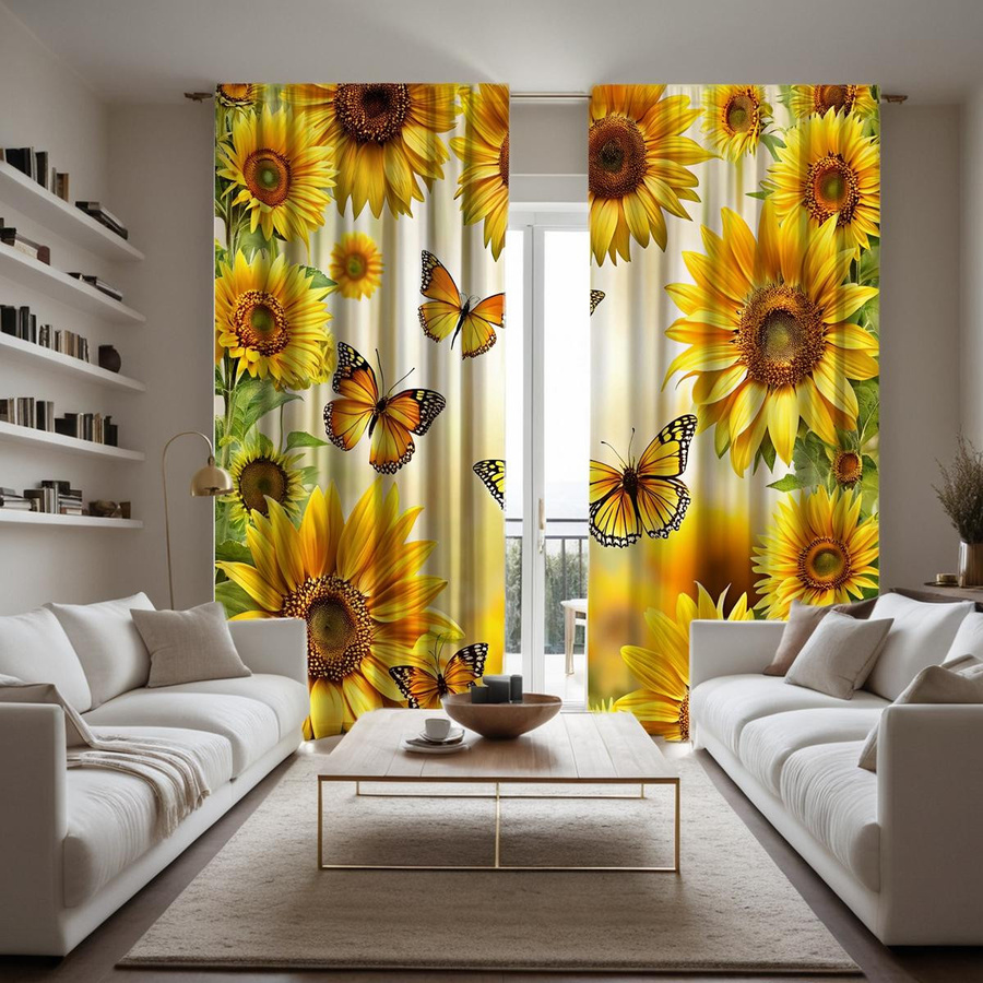 2er-Set MH Vorhang mit Sonnenblumen und Schmetterling in Gelb, halbtransparent mit Bindeband, B: 132 cm, H: 160 cm - Bild 2