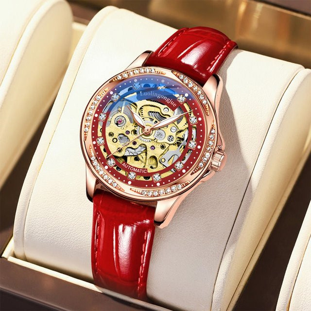 LUOLINGONGJUE Armbanduhr, Automatik, Leder, Weiß, Roségold, Damen - Bild 1