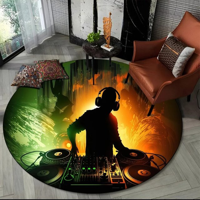 Runder 3D-Schallplatten Teppich in Schwarz mit modernem Musik-Design und rutschfester Bodenmatte für Wohnzimmer, Schlafzimmer oder Spielzimmer - Bild 1