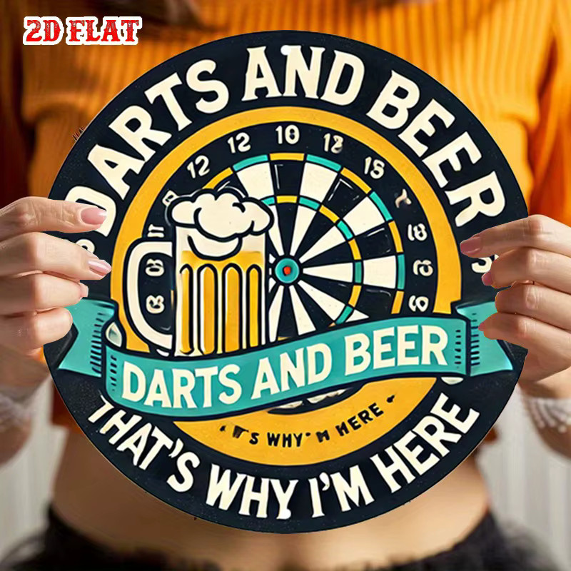 Rundes Aluminiumschild Potdemiel mit Retro-Dart- und Biermotiv, rustikale Metallwandkunst in Multicolour, Durchmesser: 20 cm - Bild 6
