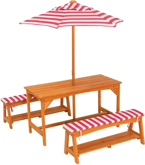 LIVARNO HOME Kinder Gartentisch Set mit Bänken und Sonnenschirm aus Holz in Braun - Bild 1
