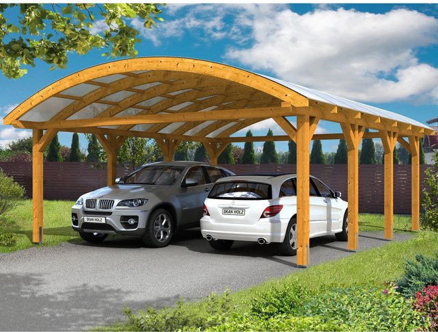 Skan Holz Carport Franken Bogendach mit Doppelstegplatten aus Polycarbonat, Farbe Eiche hell/beige, B/T: 635 x 755 cm, Höhe: 325 cm - Bild 1