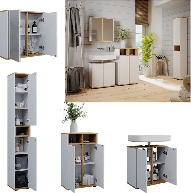Vicco Badmöbel-Set Didi in Weiß und Eiche, 4-teiliges Badezimmer-Set bestehend aus Hochschrank, Midischrank und Waschbeckenunterschrank - Bild 1