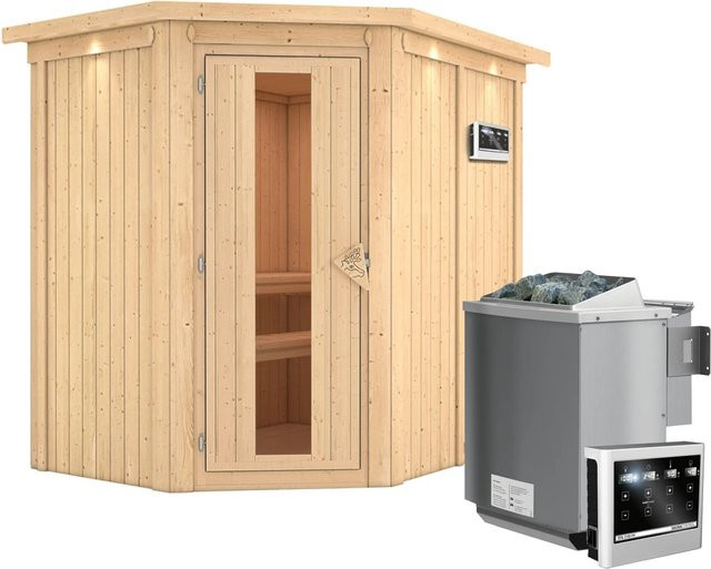 Karibu Sauna CARIN mit 9,0 kW BioKombiofen, Steuergerät, Dachkranz und Energiespartür, B/T/H: 196 x 151 x 165 cm - Bild 1