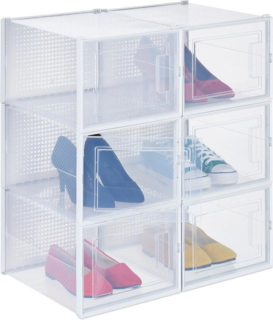 Relaxdays 6er Pack Schuhboxen aus Kunststoff, transparent und weiß, stapelbar mit Deckel, B/T/H: 21 x 28 x 36 cm - Bild 1