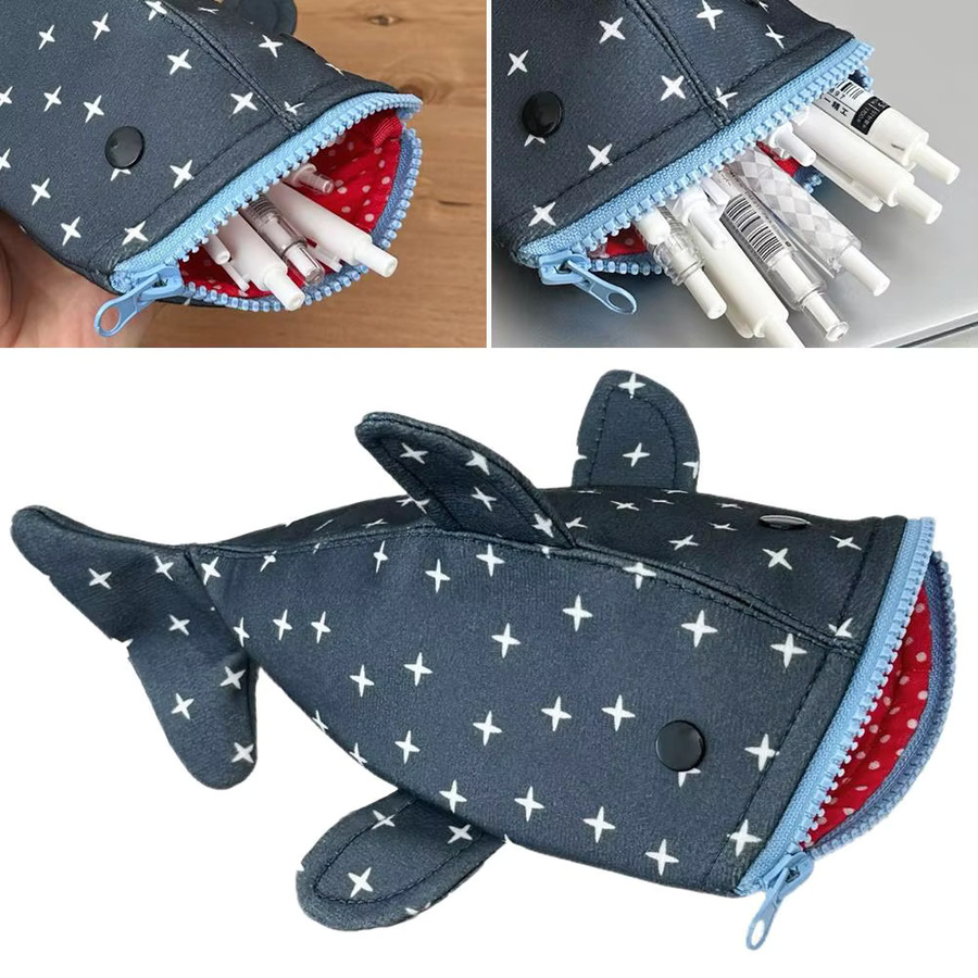 Blaues Hai-Federmäppchen mit großem Fassungsvermögen als flaches Etui für Schüler und Studenten - Bild 4