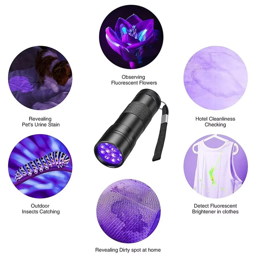 Heinast Tragbare UV-Handheld-Taschenlampe mit Schwarzlicht 395 nm, Wasserdichter Mini-UV-Detektor für Haustiere und Urinflecken, Betrieb mit 3 AAA-Batterien, Schwarz - Bild 2