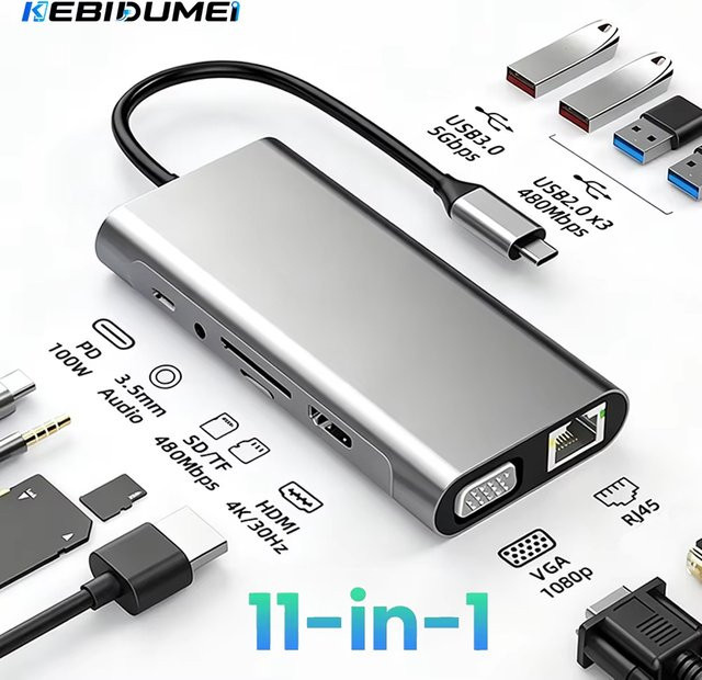KEBIDUMEI 11-in-1 USB-C Hub Dockingstation mit 4K HDMI, VGA, 1000Mbps Ethernet, SD/TF Kartenleser und USB 3.0 für PC und Macbook - Bild 1