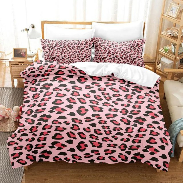Bettwäscheset mit Leopardenmuster und Camouflage-3D-Druck in Pink, bestehend aus Bettbezug und Kissenbezug, Breite: 135 cm, Höhe: 200 cm - Bild 1