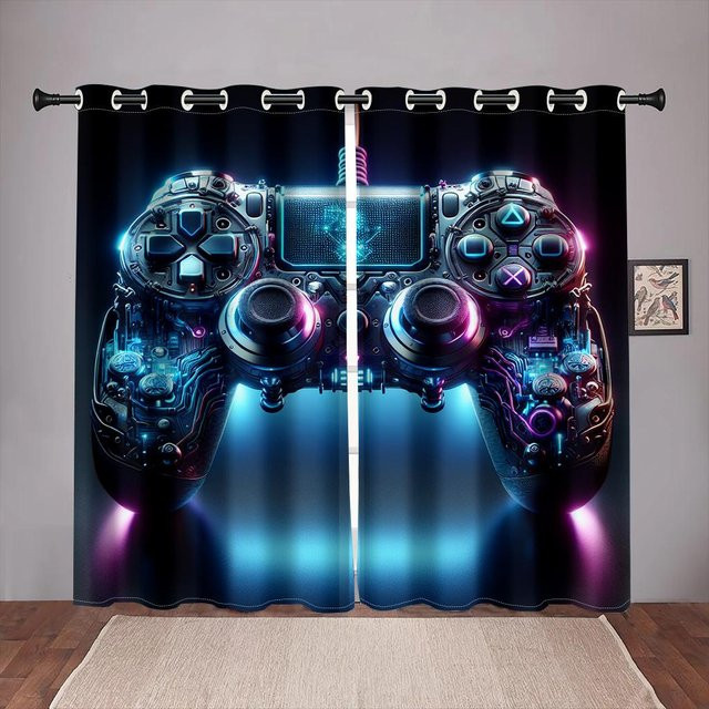 Yiran Furniture Cartoon Gaming Playstation Fenstervorhang Set für Kinder und Teenager, Blau, B: 60 cm, H: 150 cm, 2 Stück mit Haken - Bild 1