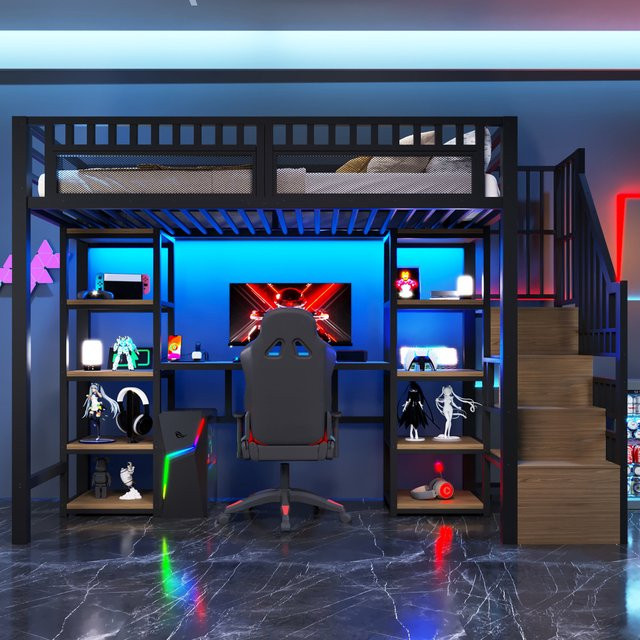 Modernes Hochbett aus Metall in Schwarz mit LED-Lichtleiste, USB-Anschluss und Treppe mit Stauraum, B/T: 90 x 200 cm - Bild 1