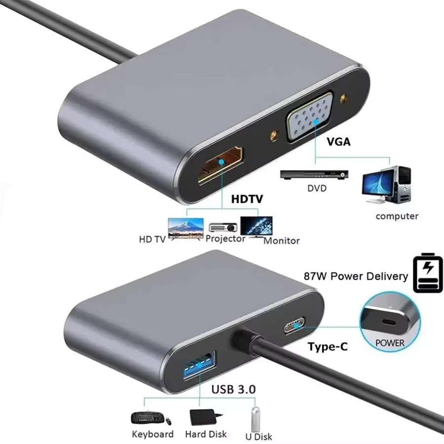 GGBEE USB C Hub 4 in 1 Adapter in Grau mit 4K HDMI, VGA und PD Schnellladung für MacBook, Laptop und Smartphone - Bild 4