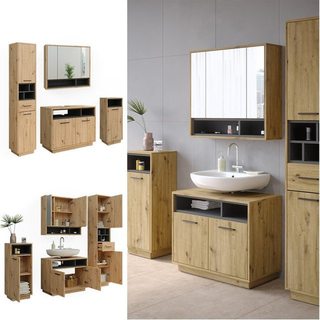 Vicco Badmöbel-Set Beatrice in Eiche und Anthrazit, modernes 4-teiliges Badezimmer-Möbelset mit Spiegelschrank, Waschtischunterschrank, Midischrank und Hochschrank - Bild 1